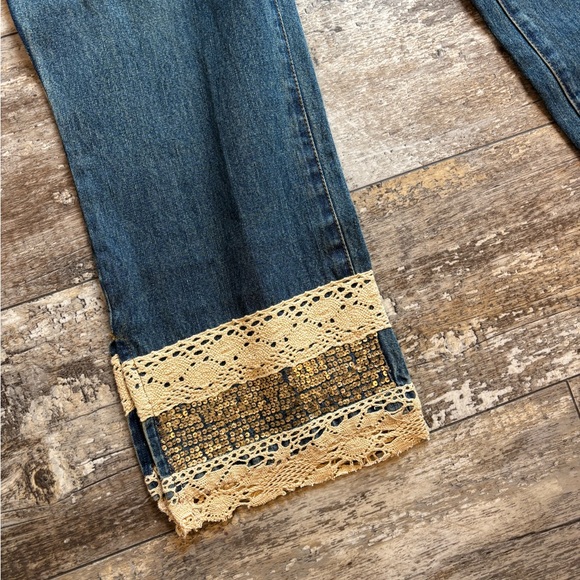 Vintage Jeanology Lace & Sequin Cuff Jeans | Women’s Size 14 Boho Denim - Picture 2 of 7